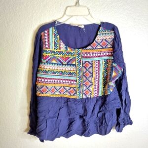 Savanna Jane Embroidered Tiered Long Sleeve Boho Blouse Sz M